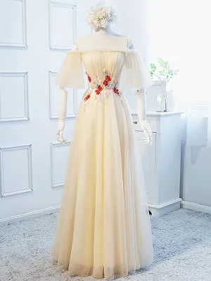 Round Neck Floral Champagne Long Prom Dress, Champagne Long Formal Bridesmaid Dresses