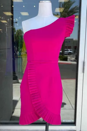 Ruffle Sleeve Fuchsia One Shoulder Homecoming Dress