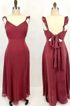 Ruffle Straps Burgundy Chiffon A-line Long Bridesmaid Dress