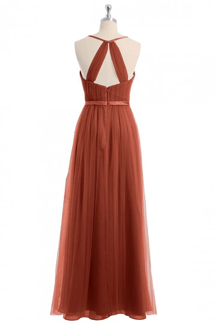 Rust Orange V-Neck Backless A-Line Long Bridesmaid Dress