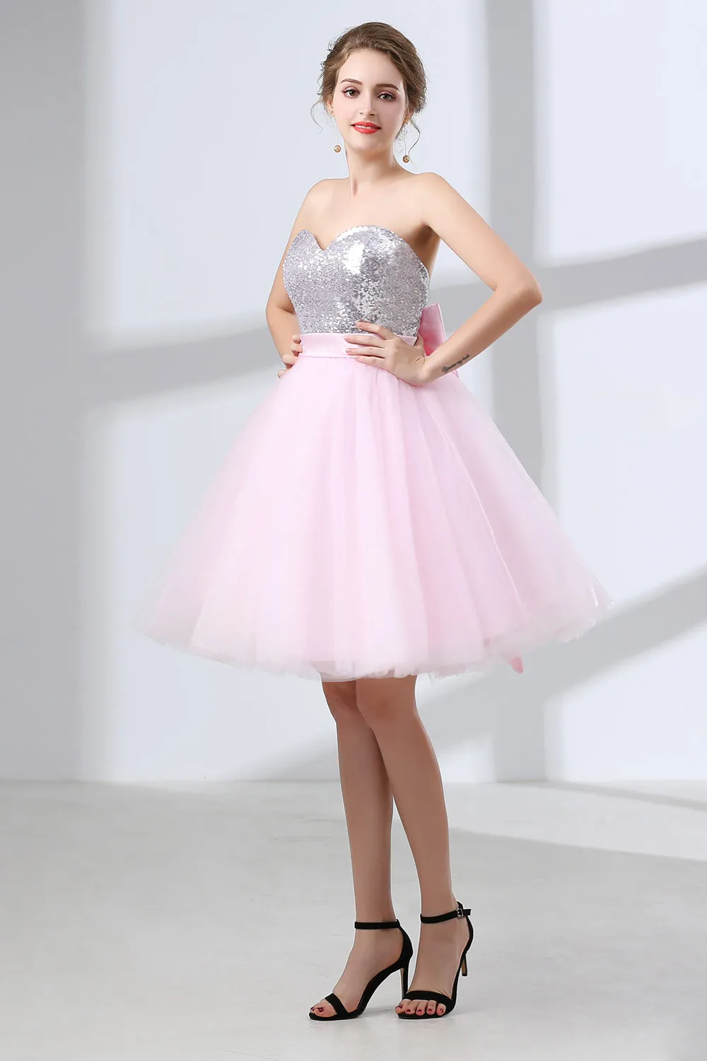 Sequin Lace & Tulle Sweetheart Neckline Short Length A-line Bridesmaid Dresses