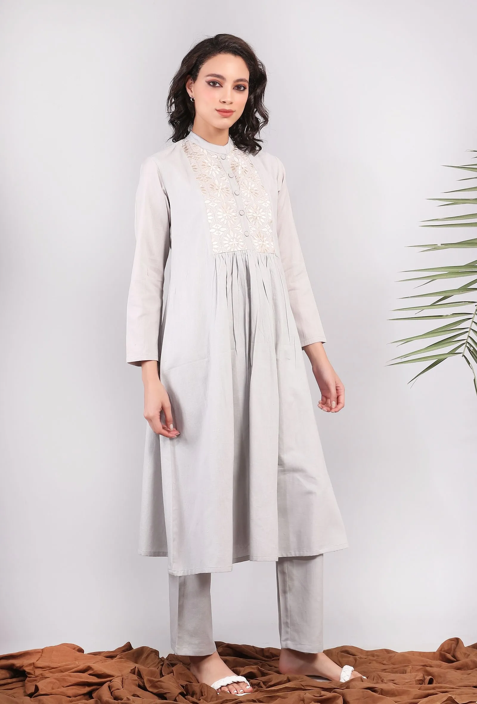 Set of 2: Steele Gray Bandh Gala Front Gathered Kurta Dress With Narrow Pants