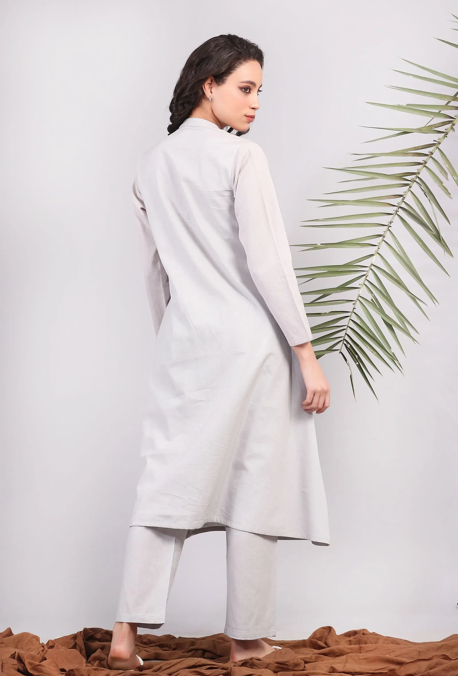 Set of 2: Steele Gray Bandh Gala Front Gathered Kurta Dress With Narrow Pants