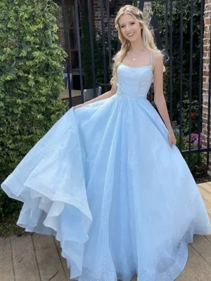 Simple blue tulle sequin long prom dress, blue tulle formal dress