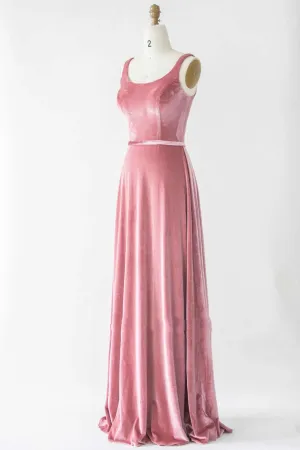 Simple Boat Neck Velvet Long Bridesmaid Dress