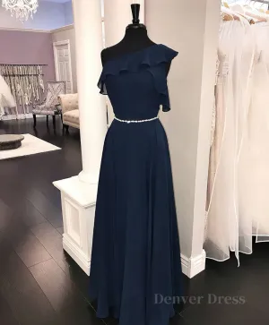 Simple chiffon dark blue long prom dress bridesmaid dress