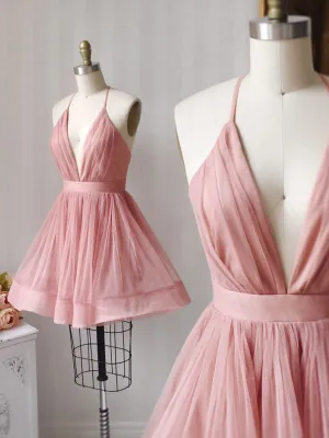 Simple Pink Tulle Short Prom Dress Aline Pink Bridesmaid Dress