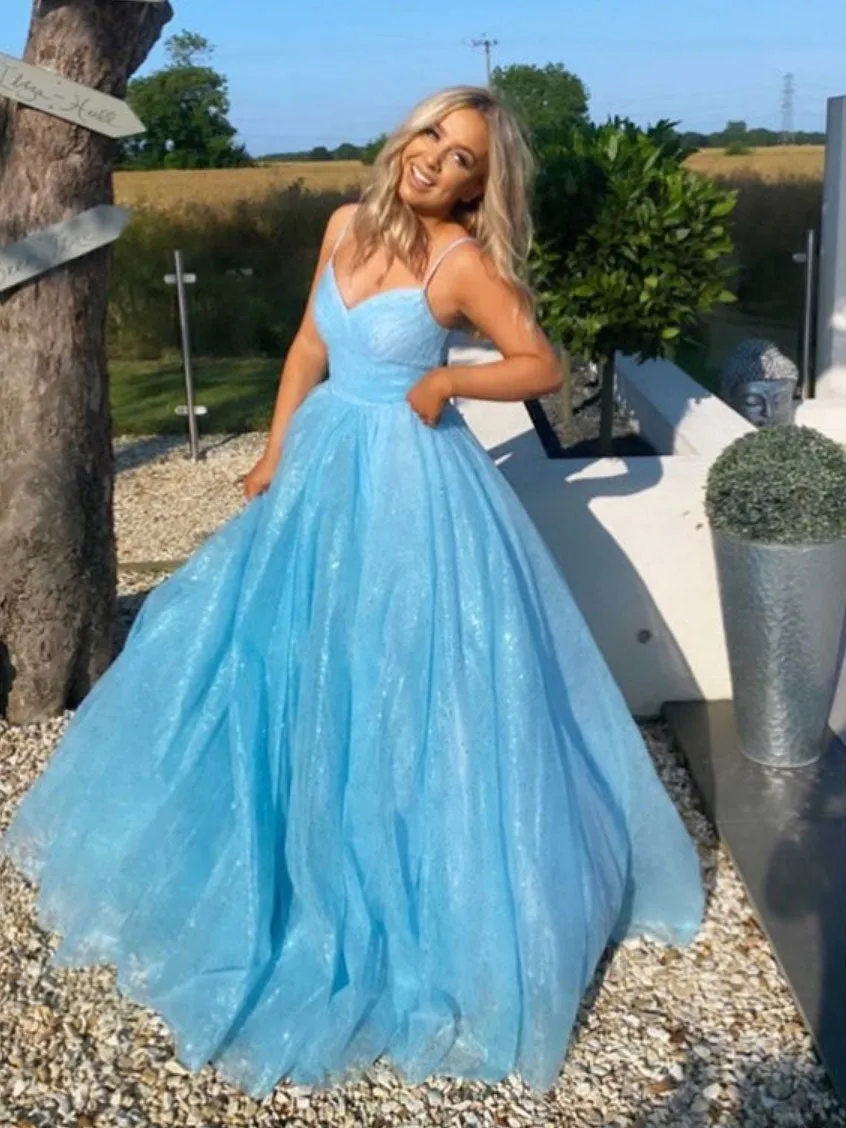 Simple v neck blue tulle sequin long prom dress, blue evening dress