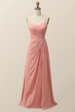 Spaghetti Straps Blush Pink Chiffon A-line Long Bridesmaid Dress