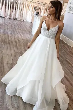 Spaghetti Straps White Tulle Wedding Dress With Lace