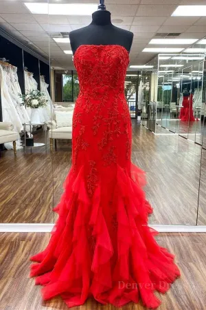 Strapless Red Mermaid Lace Prom Dresses Red Mermaid Lace Formal Evening Dresses