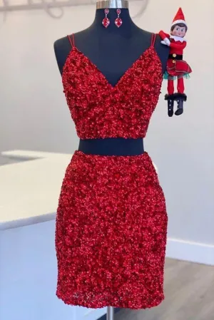 Two Piece Red Sequined Homecoming Dress, V-neck Tight Party Dress,Short Prom Dresses