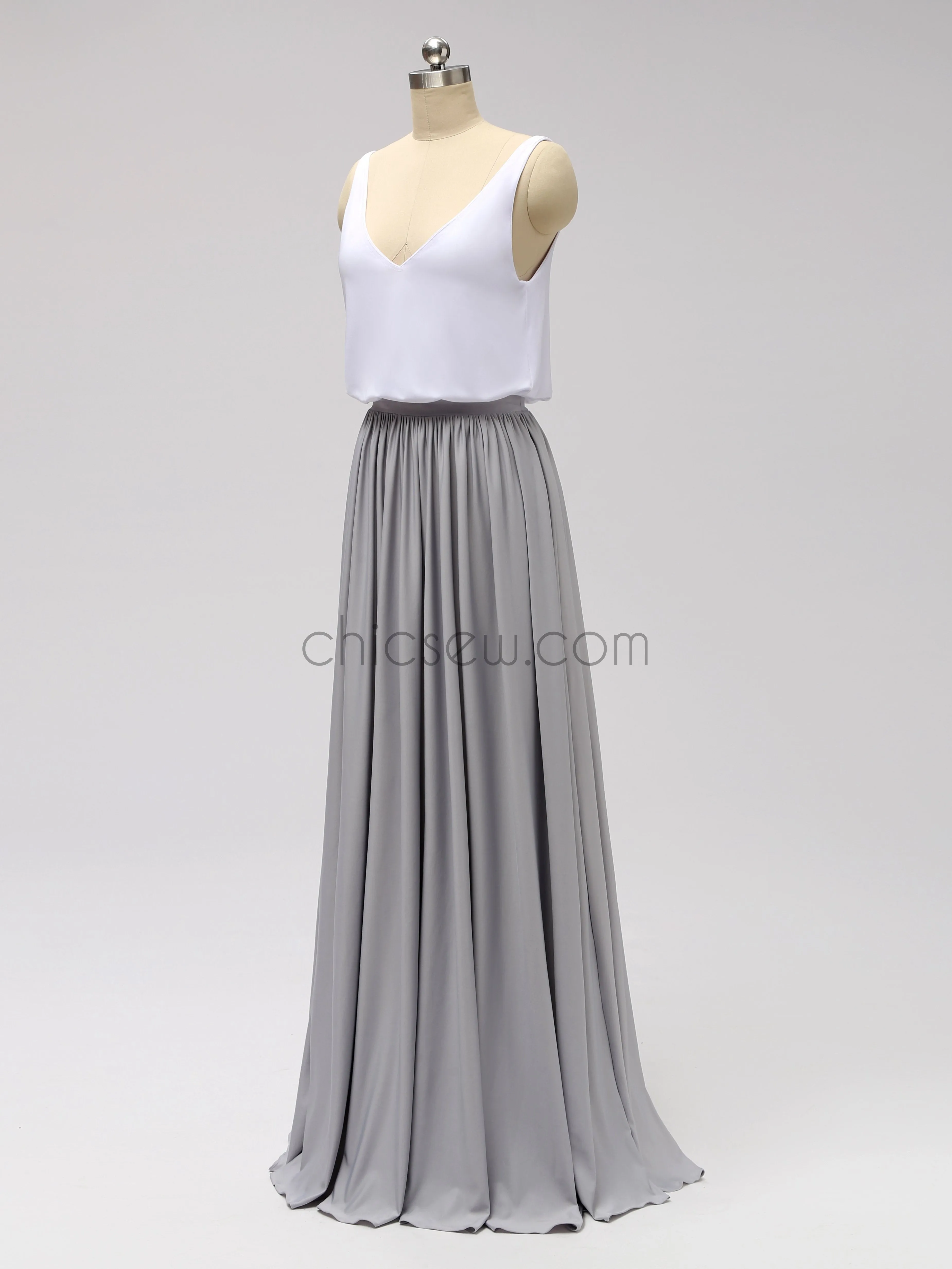 Two Pieces A-line Chiffon V-neck Sleeveless Bridesmaid Dresses, YKX019