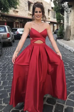 Unique V Neck Backless Red Satin Long Prom Dress,Backless Formal Dresses,Evening Dress