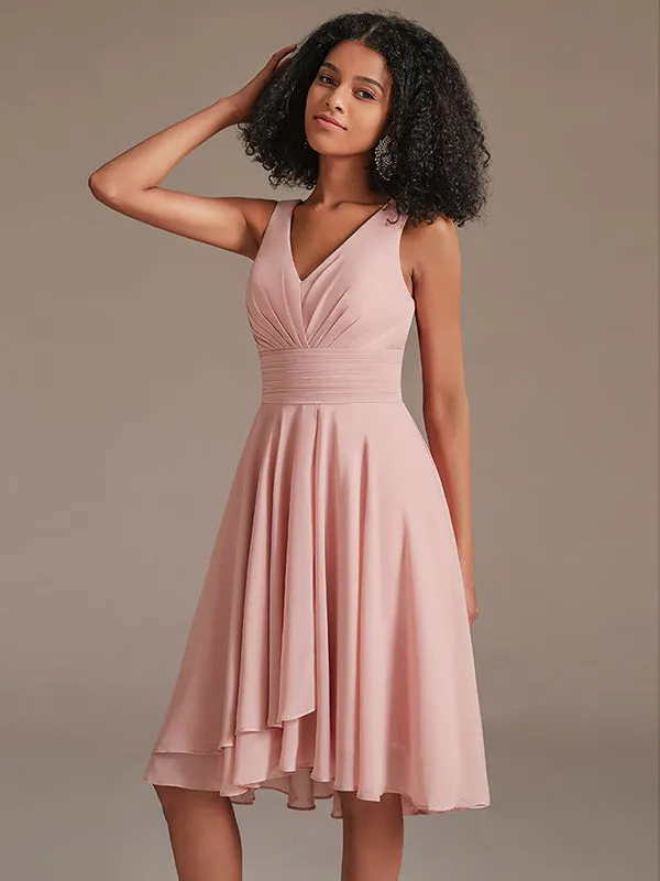 V-Neck Pleated Chiffon Sort Bridesmaid Dress