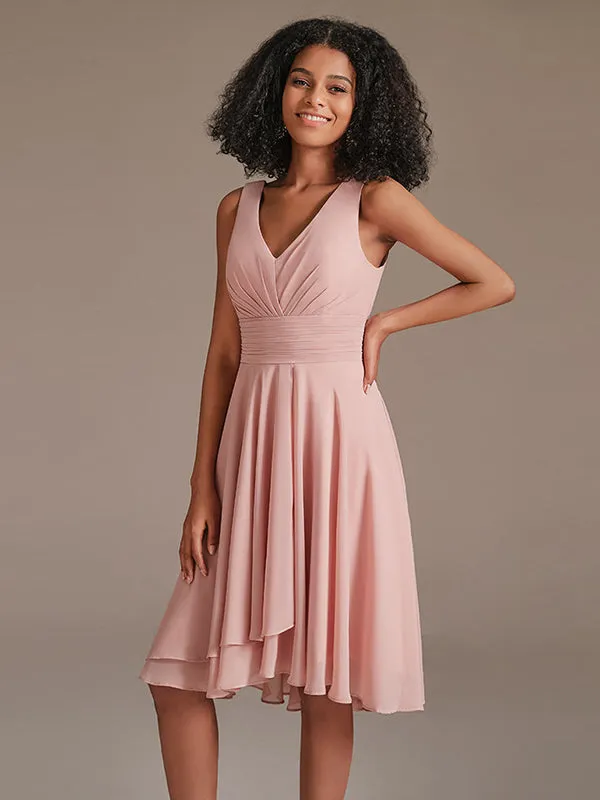 V-Neck Pleated Chiffon Sort Bridesmaid Dress