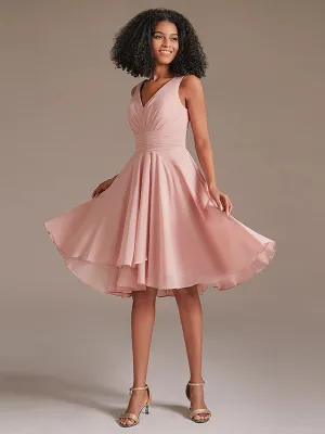 V-Neck Pleated Chiffon Sort Bridesmaid Dress