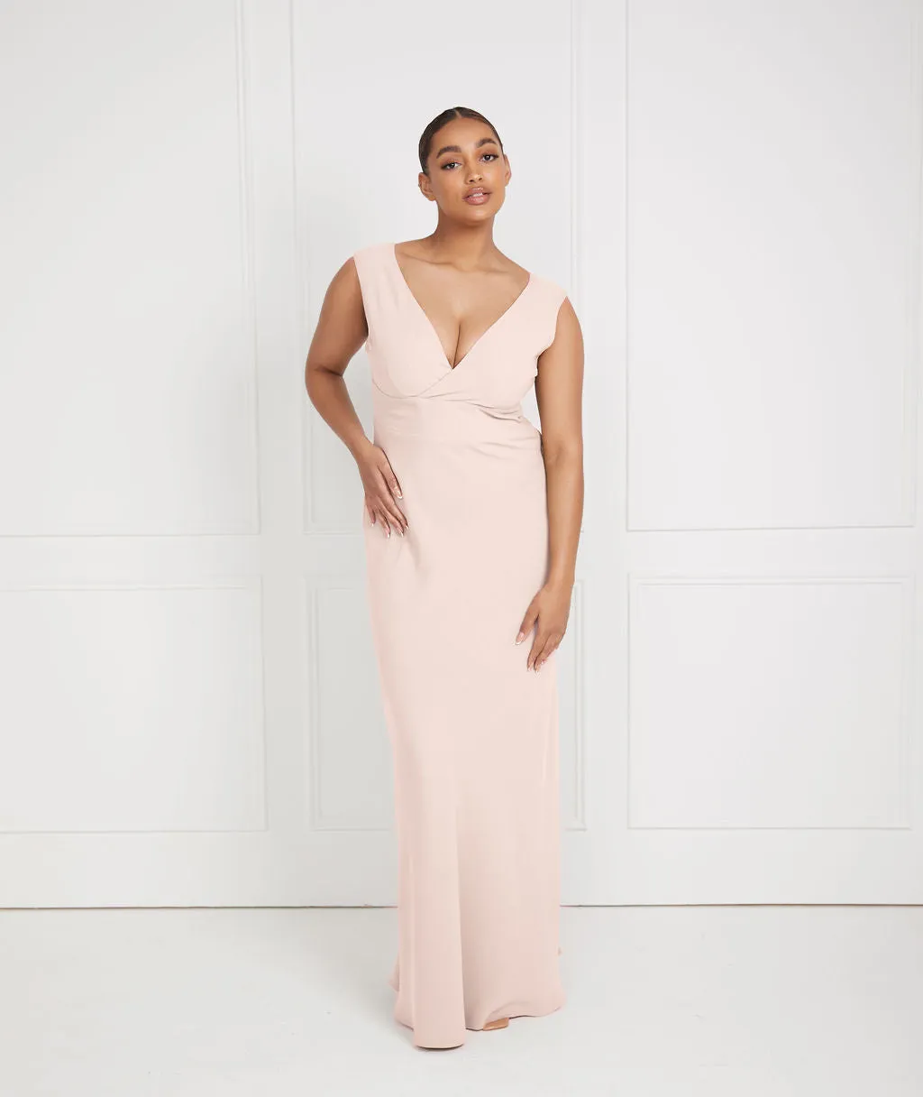 V Neck Plunge Crepe Bridesmaid Dress - Blush