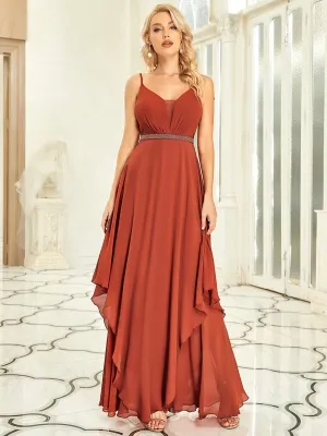 V-Neck Ruffled Spaghetti Strap Beaded Chiffon Bridesmaid Dress