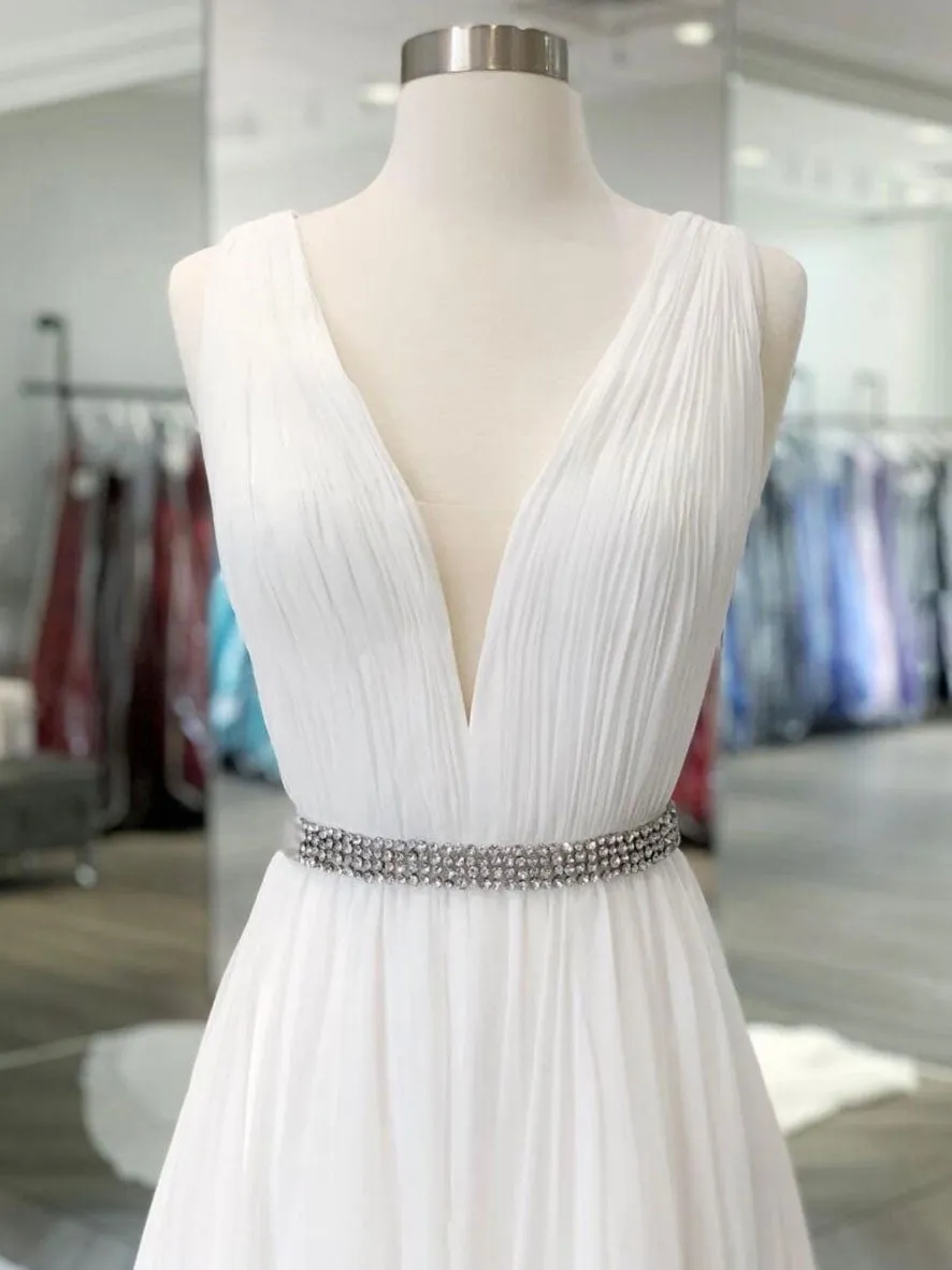 White v neck chiffon long prom dress, white lace evening dress