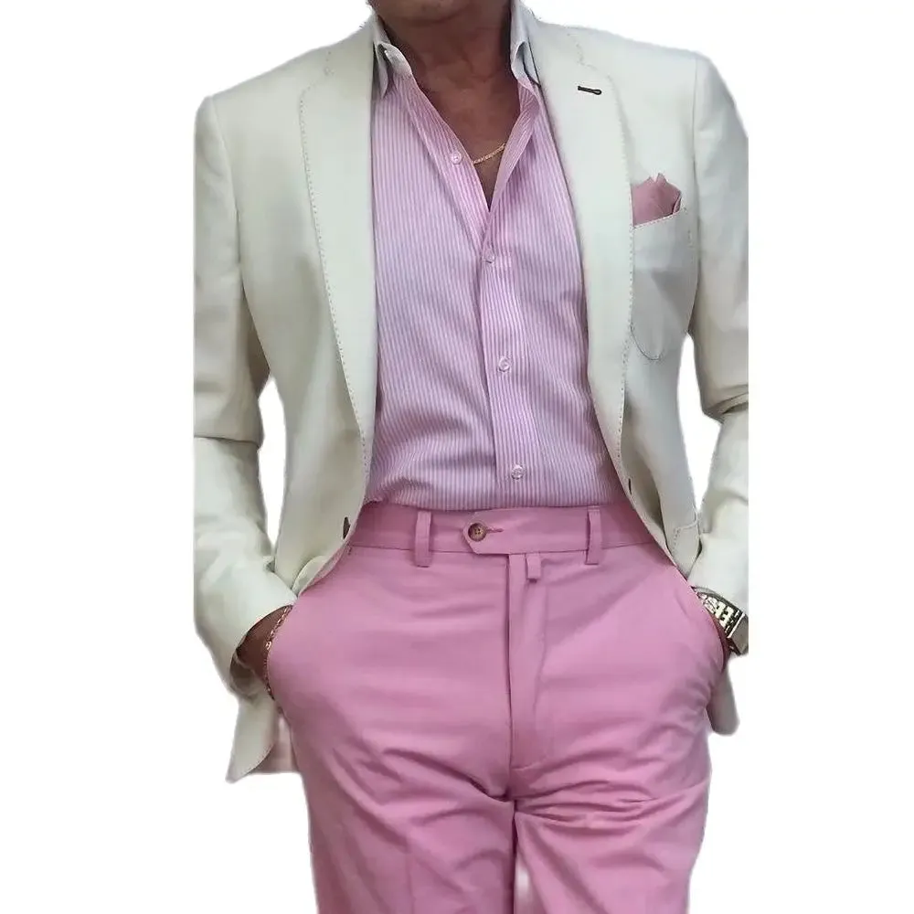 Wiaofellas  -  Chic Notch Lapel Men Suits Slim Fit 2 Piece Ivory Blazer with Pink Pants Fashion Casual Daily Party Wedding Groom Tuxedo