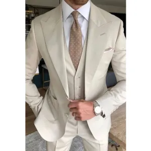 Wiaofellas  - Elegant Beige Peak Lapel Men Suits Fashion Single Breasted Party Wedding Tuxedo Slim Chic Business Daily Office Suit 3 Piece