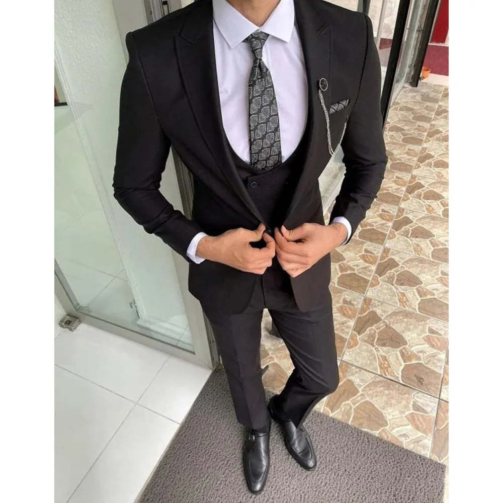 Wiaofellas  -  Fashion Black Solid Suits for Men Elegant Peak Lapel One Button 3 Piece Chic Business Casual Wedding Tuxedo (Jacket Vest Pants)