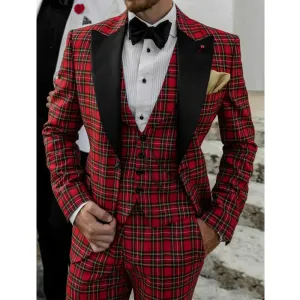 Wiaofellas  -  New Arrival Red Plaid Men Suits Peak Lapel Single Button Suit 3 Piece Daily Casual Party Wedding Tuxedo (Jacket Vest Pants)