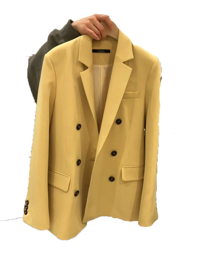 Women's Solid Color Wild Double-breasted Buttoned Lapel Blazer