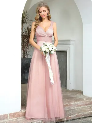 Women's V-Neck Floor Length Sparkling Tulle Bridesmaid Dress