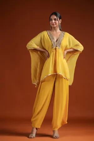 Yellow Chevron Organza Silk Kaftan with Palazzo